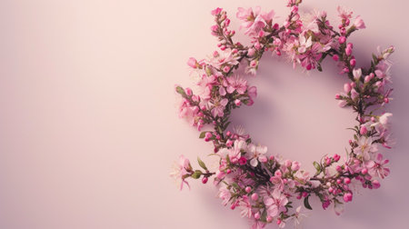 a floral wreath delicately arranged on a light background, with ample free space for text, perfect for wedding invitations, greeting cards, or announcements, exuding beauty and sophisticationの素材