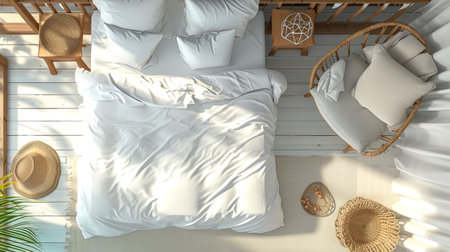 blank white duvet cover in a coastal-style bedroom setting, captured from a top view perspective, bright colors to evoke a sense of airy relaxation and seaside tranquilityの素材