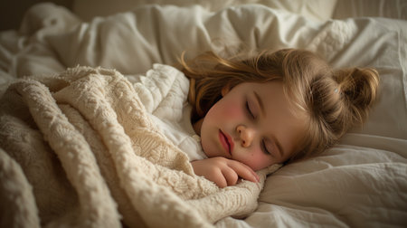 a little girl as she sleeps soundly in bed, nestled under a plush, soft, textured blanket that envelops her in warmth and comfort, creating a serene and cozy atmosphereの素材