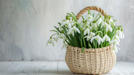 snowdrops delicately arranged in a straw basket, set against a minimalist modern style white wooden background, rendered in ultra-realistic detail to evoke a sense of natural beauty and simplicityの素材
