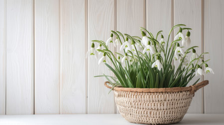 snowdrops delicately arranged in a straw basket, set against a minimalist modern style white wooden background, rendered in ultra-realistic detail to evoke a sense of natural beauty and simplicityの素材