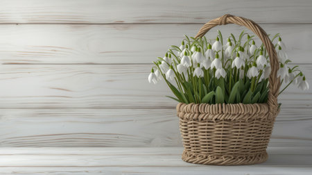 snowdrops delicately arranged in a straw basket, set against a minimalist modern style white wooden background, rendered in ultra-realistic detail to evoke a sense of natural beauty and simplicityの素材