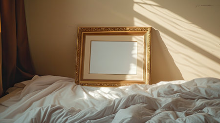 an empty frame resting on a bed, slightly turned, viewed from a high angle, inviting viewers to ponder the potential for personalization and storytelling within the frame's confinesの素材