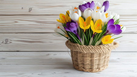 crocus flowers arranged in a straw basket against a pristine white wooden backdrop, offering options in white, yellow, or purple hues, creating a charming and colorful display of nature's bountyの素材