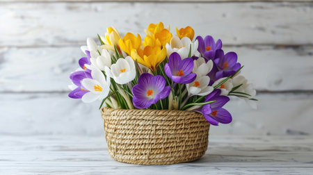 crocus flowers arranged in a straw basket against a pristine white wooden backdrop, offering options in white, yellow, or purple hues, creating a charming and colorful display of nature's bountyの素材