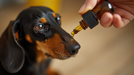 a human hand holding a dropper cap from which a drop of oil falls, conveying the intersection of pet curiosity and human wellness practicesの素材