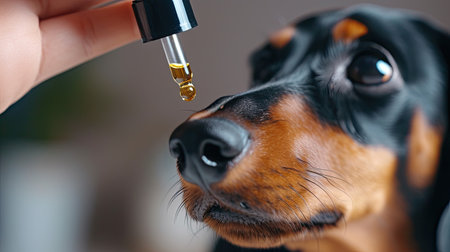 a human hand holding a dropper cap from which a drop of oil falls, conveying the intersection of pet curiosity and human wellness practicesの素材
