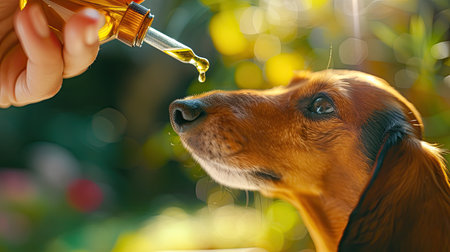 a human hand holding a dropper cap from which a drop of oil falls, conveying the intersection of pet curiosity and human wellness practicesの素材