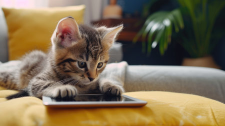a small adorable kitten gazing curiously at a tablet with its tiny paws, evoking a heartwarming scene of domestic comfort and modern technologyの素材