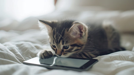 a small adorable kitten gazing curiously at a tablet with its tiny paws, evoking a heartwarming scene of domestic comfort and modern technologyの素材