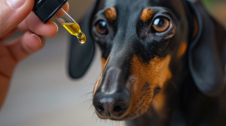 a human hand holding a dropper cap from which a drop of oil falls, conveying the intersection of pet curiosity and human wellness practicesの素材