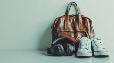 shoes, headphones, and a bag against a studio white background, capturing the essence of urban style and modern accessories with clarity and sophisticationの素材
