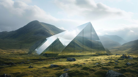 a mountain landscape crafted entirely from mirrors in a realistic photograph, reflecting the surrounding environment and creating a mesmerizing optical illusionの素材