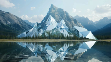 a mountain landscape crafted entirely from mirrors in a realistic photograph, reflecting the surrounding environment and creating a mesmerizing optical illusionの素材
