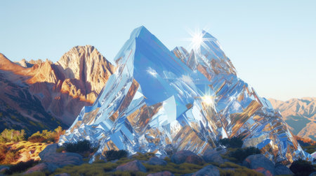 a mountain landscape crafted entirely from mirrors in a realistic photograph, reflecting the surrounding environment and creating a mesmerizing optical illusionの素材