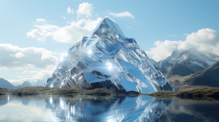a mountain landscape crafted entirely from mirrors in a realistic photograph, reflecting the surrounding environment and creating a mesmerizing optical illusionの素材