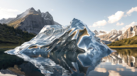 a mountain landscape crafted entirely from mirrors in a realistic photograph, reflecting the surrounding environment and creating a mesmerizing optical illusionの素材