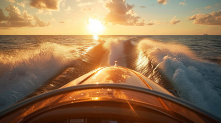 speedboating through with a realistic close-up shot from the back seat of a speedboat, showcasing the mesmerizing ocean vista during the golden hour, enhanced by captivating shadow playの素材
