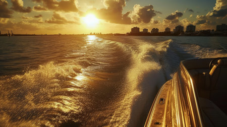 speedboating through with a realistic close-up shot from the back seat of a speedboat, showcasing the mesmerizing ocean vista during the golden hour, enhanced by captivating shadow playの素材