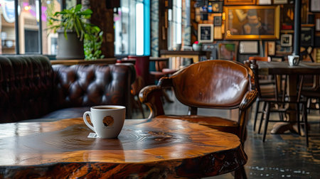 gorgeous solid wood coffee table as the focal point, adorned with a steaming cup of black coffee, against the backdrop of a beautifully decorated cafeの素材