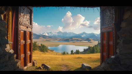 Mongolian landscapes through a frame within a frame composition, where the silhouette of a yurt gate frames a distant view of grasslands, a lake, and majestic mountainsの素材