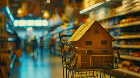 a close-up of a cardboard house placed within a supermarket cart, illuminated by natural daylightの素材