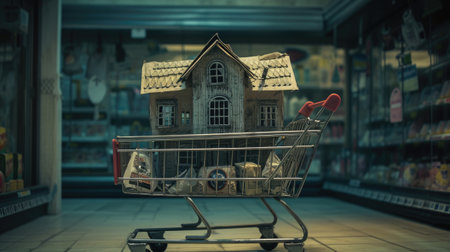 a close-up of a cardboard house placed within a supermarket cart, illuminated by natural daylightの素材