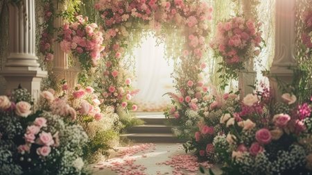 a romantic wedding stage adorned with delicate flowers, emanating an atmosphere of love and enchantment as couples exchange vows in a breathtaking settingの素材