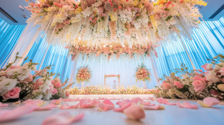 a romantic wedding stage adorned with delicate flowers, emanating an atmosphere of love and enchantment as couples exchange vows in a breathtaking settingの素材