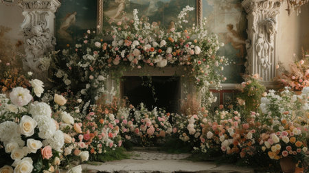 a romantic wedding stage adorned with delicate flowers, emanating an atmosphere of love and enchantment as couples exchange vows in a breathtaking settingの素材