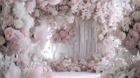 a romantic wedding stage adorned with delicate flowers, emanating an atmosphere of love and enchantment as couples exchange vows in a breathtaking settingの素材