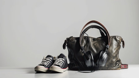 shoes, headphones, and a bag against a studio white background, capturing the essence of urban style and modern accessories with clarity and sophisticationの素材
