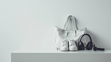 shoes, headphones, and a bag against a studio white background, capturing the essence of urban style and modern accessories with clarity and sophisticationの素材