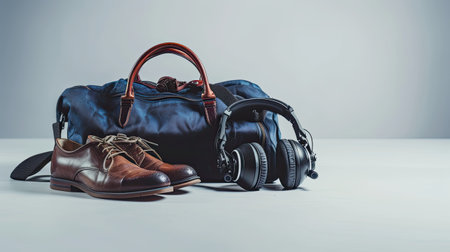 shoes, headphones, and a bag against a studio white background, capturing the essence of urban style and modern accessories with clarity and sophisticationの素材