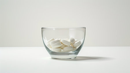 a medicine tablet placed in a glass bowl against a clean white background, accentuate the texture and form of the tablet, evoking a sense of precision in pharmaceutical imageryの素材
