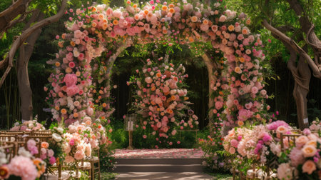 a romantic wedding stage adorned with delicate flowers, emanating an atmosphere of love and enchantment as couples exchange vows in a breathtaking settingの素材