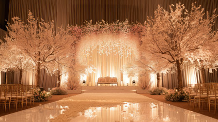 a romantic wedding stage adorned with delicate flowers, emanating an atmosphere of love and enchantment as couples exchange vows in a breathtaking settingの素材