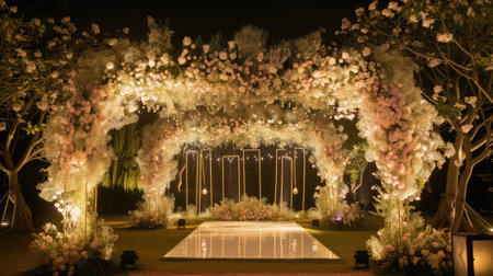 a romantic wedding stage adorned with delicate flowers, emanating an atmosphere of love and enchantment as couples exchange vows in a breathtaking settingの素材