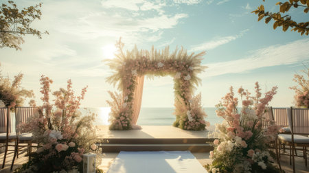 a romantic wedding stage adorned with delicate flowers, emanating an atmosphere of love and enchantment as couples exchange vows in a breathtaking settingの素材