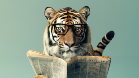 tiger wearing black glasses as it engages in the act of reading a newspaper against a serene, light-colored backdrop.の素材