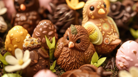 an artisanal chocolate shop adorned with vibrant displays of intricately crafted chocolate sculptures and delectable treats, inviting visitors to indulge in the sweetness of the seasonの素材