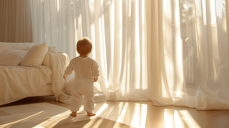 a 1-year-old baby standing in the living room, dressed in a pristine white jumpsuit, bathed in the soft glow of sunlight filtering through sheer white curtainsの素材