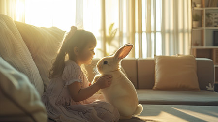 a little girl cradles an Easter bunny in a sleek, living room, where the contrast between the timeless symbol of the bunny and the contemporary style of the setting is strikingly evidentの素材