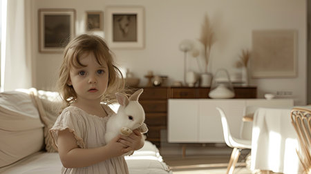 a little girl cradles an Easter bunny in a sleek, living room, where the contrast between the timeless symbol of the bunny and the contemporary style of the setting is strikingly evidentの素材