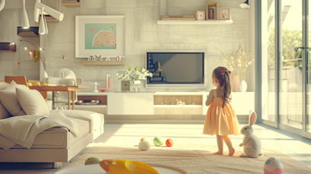 a little girl cradles an Easter bunny in a sleek, living room, where the contrast between the timeless symbol of the bunny and the contemporary style of the setting is strikingly evidentの素材