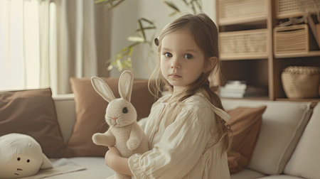 a little girl cradles an Easter bunny in a sleek, living room, where the contrast between the timeless symbol of the bunny and the contemporary style of the setting is strikingly evidentの素材
