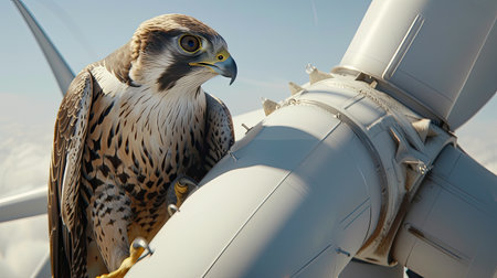 a majestic falcon soaring gracefully between the towering blades of a wind turbine, showing the intricate balance between wildlife and renewable energyの素材