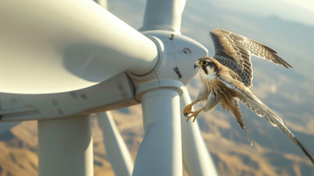 a majestic falcon soaring gracefully between the towering blades of a wind turbine, showing the intricate balance between wildlife and renewable energyの素材