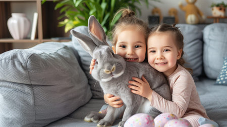 twin sisters as they hold the Easter bunny, where the juxtaposition of their youthful innocence with the sleek contemporary setting emphasizes the contrast between tradition and modernityの素材