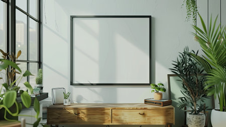 a blank poster frame mockup placed on a sleek shelf cabinet, exuding minimalistic elegance and bathed in natural light, inviting viewers to envision their own personalized artwork in the spaceの素材